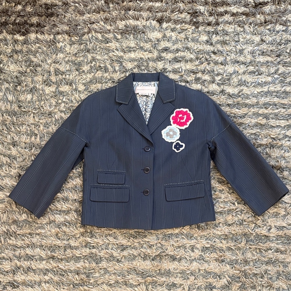 MAXAZRIA Stunning Runway Blazer with 3-D Floral Details, Silk & Cotton, Size XS